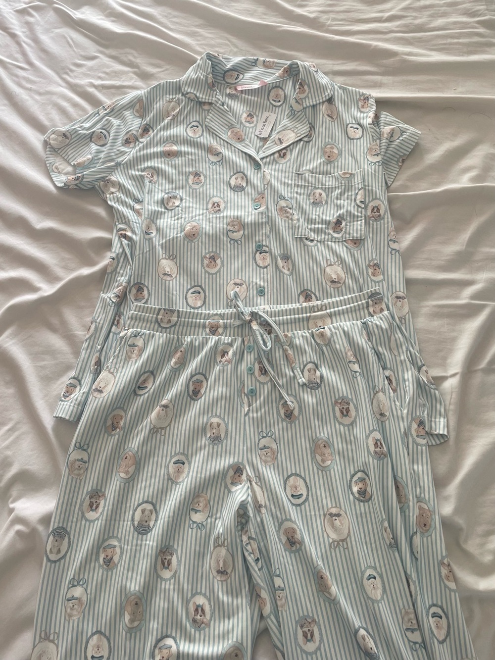 Womens Light Blue Striped Dog Print Pajama Set New with Tags